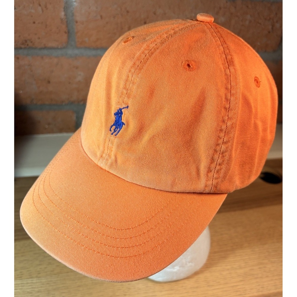 Polo Ralph Lauren Mens Orange Cotton Pony Logo Baseball Hat Leather Strapback